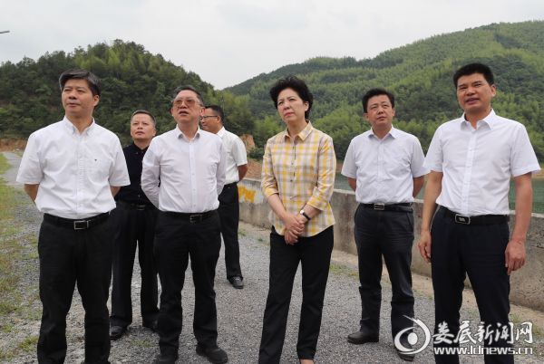 （乌兰一行首先来到双峰县永丰镇寨子山村燕霄水库，查看了解水库防洪设施建设等情况）