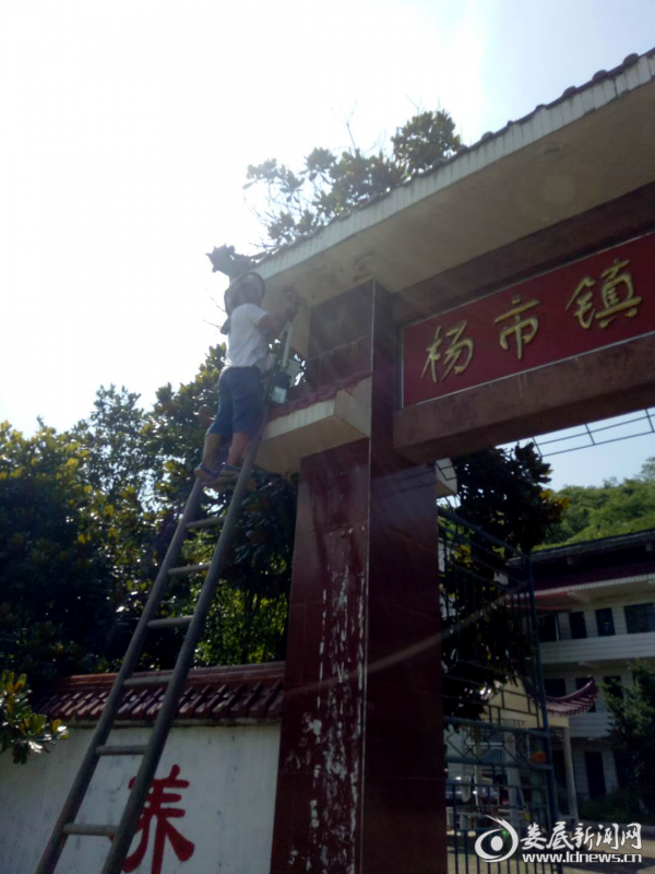 （工作人员顶着骄阳为敬老院安装路灯）