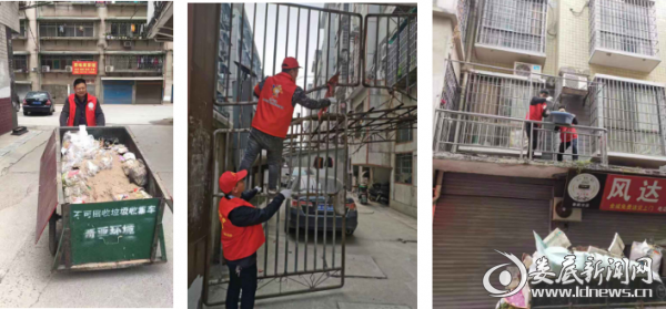 （区统计局志愿者在社区进行大扫除）