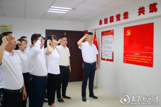 (面对鲜红的党旗,娄星工业集中区党工委书记、管委会主任付朝晖带领支部新老党员一起高举右手,,庄严宣誓)