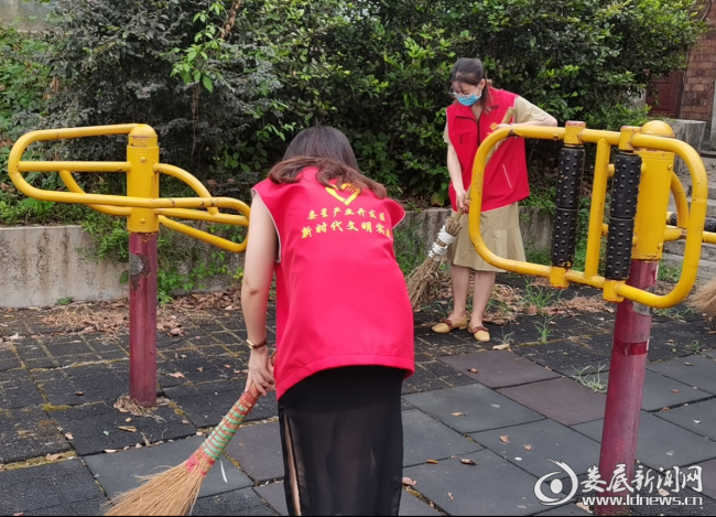 （志愿者正在打扫社区街道旁的落叶杂物）