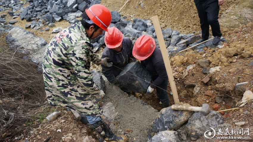 为山塘整修砌坑现场。王玖华摄